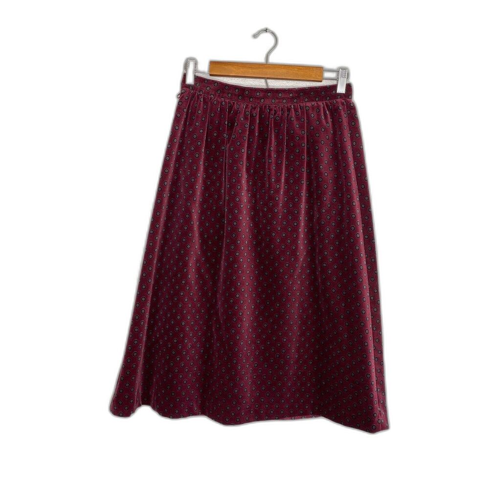 Panther VTG Women's Size 11/12 Skirt Burgundy Velvet Polka Dot Floral Midi 70's